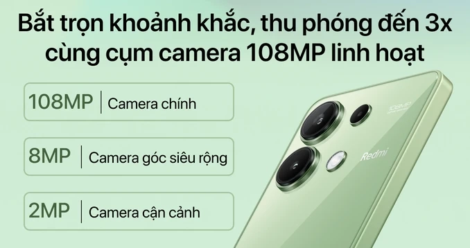 Camera 108MP trên Redmi Note 13, mang đến ảnh chụp sắc nét cho điện thoại màn OLED giá rẻ nhất 2025.